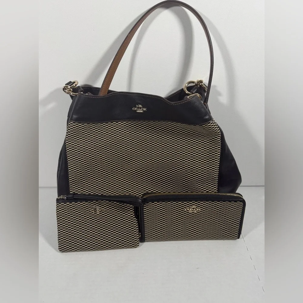 Women’s Coach Lexy Legacy Jacquard Tote Shoulder Bag Fabric/Leather 3 Pcs